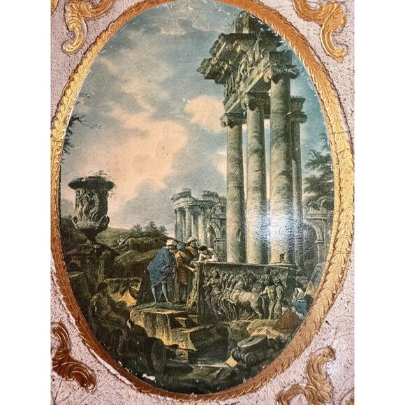 Florentine Gilt Oval Frame w/ Roman Forum Temple of Saturn Print – Italy, 1950s - Picture 2 of 6